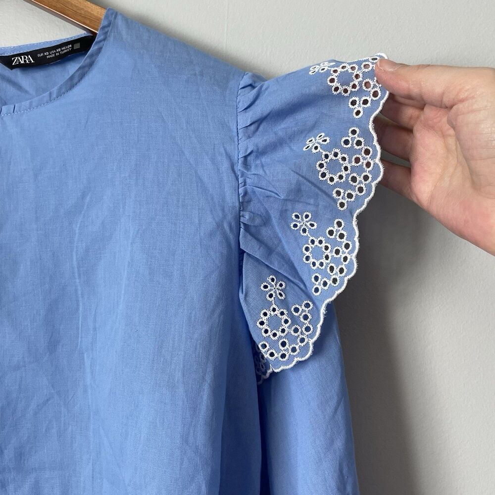 Zara Cotton Blouse Eyelit Ruffle Embroidered Details Long Sleeve Women's XS - Picture 8 of 11